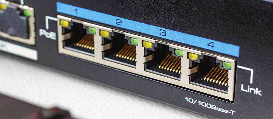 Ethernet switch ports with PoE function closeup