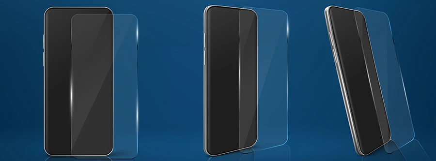 Smartphone con set di protezione da schermo in vetro, cellulare con pellicola trasparente di protezione in plastica contro danni e graffi
