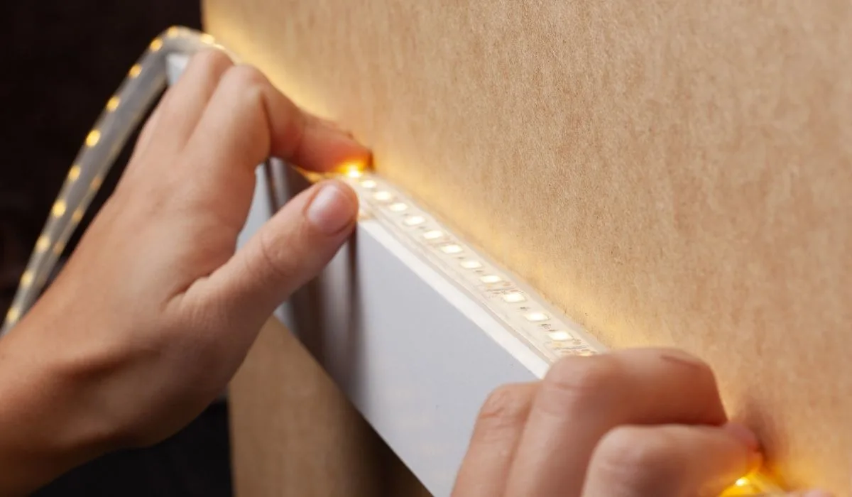 Person sticking LED strip to a wooden shelf