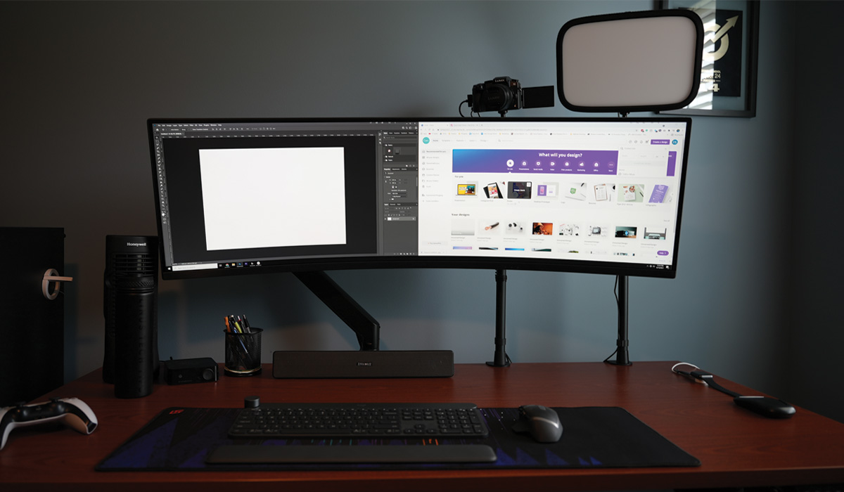 Super Ultra Wide Samsung Computer Monitor on Desk