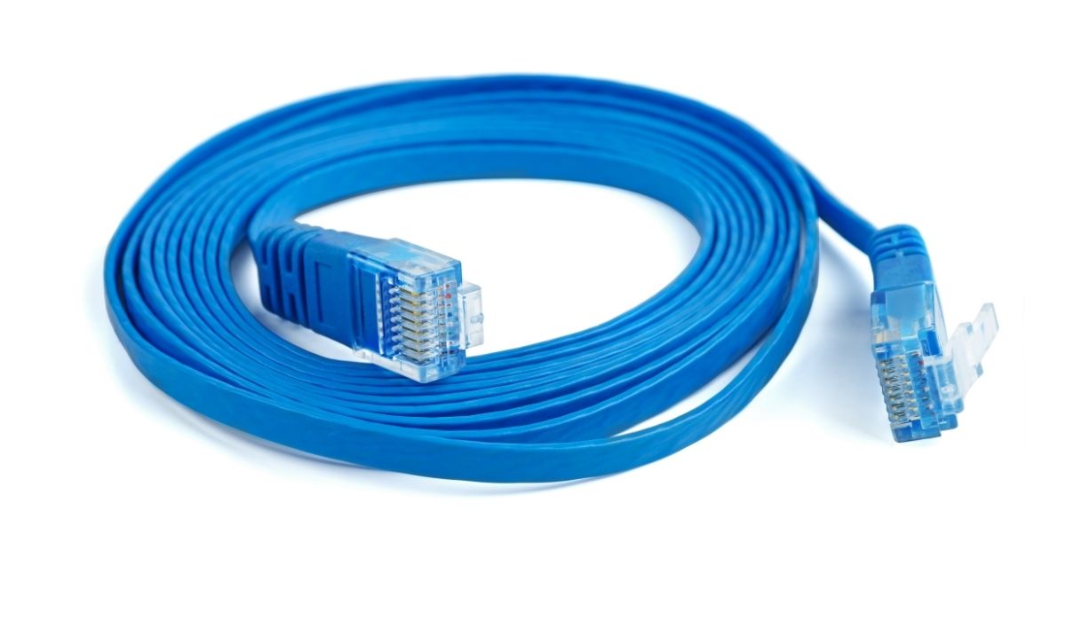 Flat blue ethernet patchcord isolated on white background