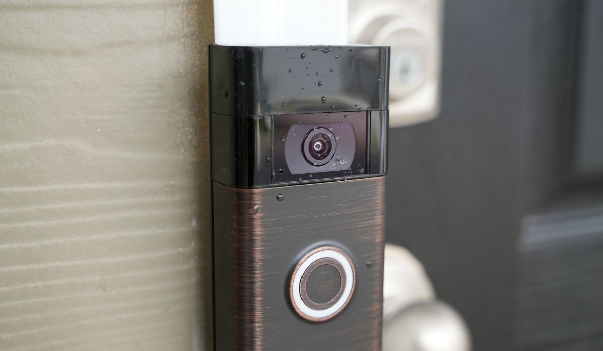 Close up of Ring Doorbell with water on it