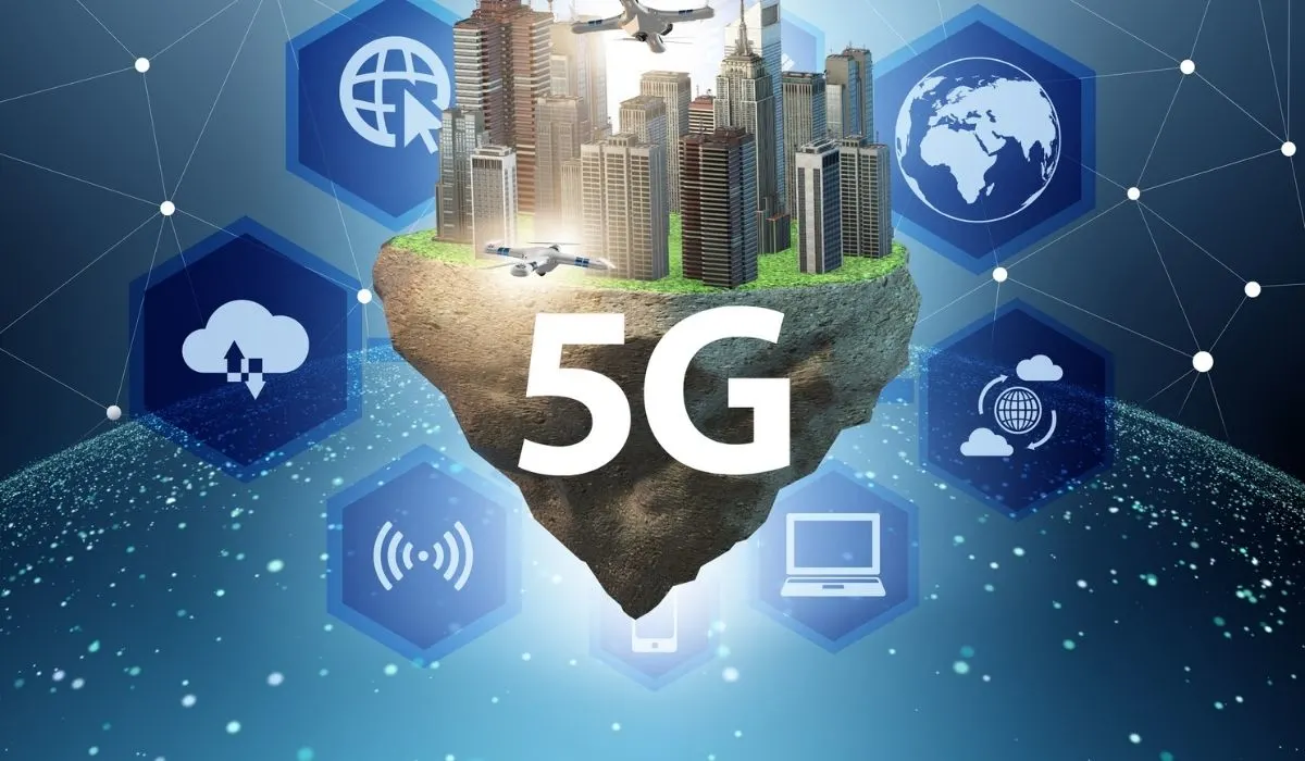 Concept of 5g technology with floating island