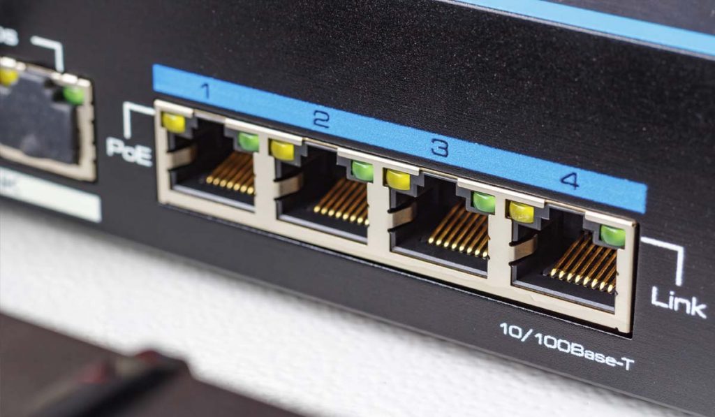 Ethernet switch ports with PoE function closeup