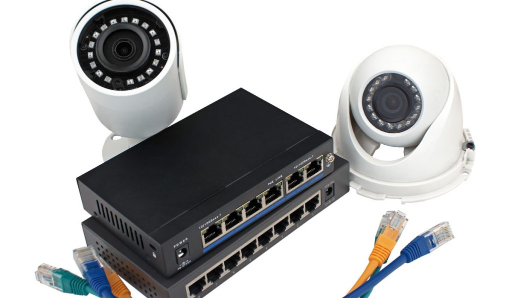 IP security cameras with ethernet cables and switches