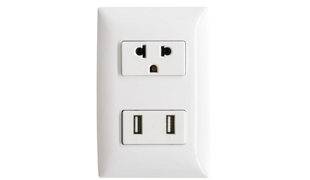 White electrical plug and USB wall outlet