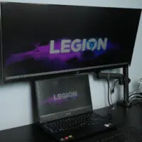 Laptop connected to ultrawide monitor