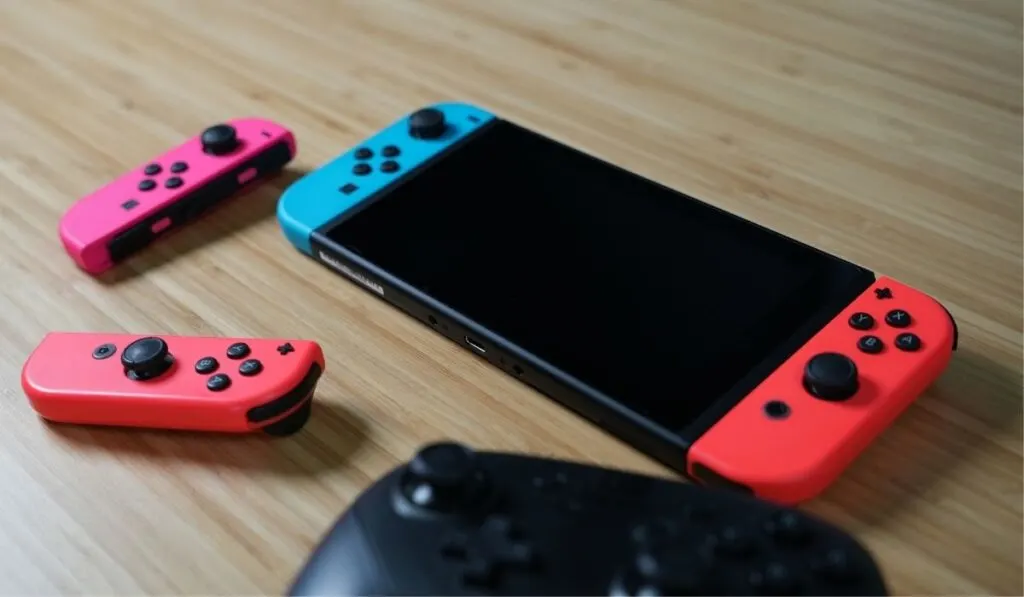 Nintendo Switch, 2 joycons, and controller on a wooden desk - 1