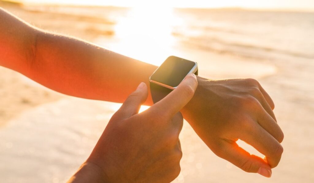 Smart watch woman using smartwatch on activity