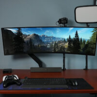 Super Ultra Wide Samsung Monitor Playing Halo Infinite with Controllers Centered Wide - 1 - Smaller
