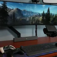 Super Ultra Wide Samsung Monitor Playing Halo Infinite with Controllers and Microphone