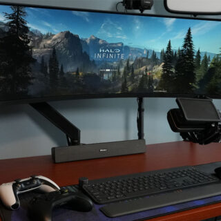 Super Ultra Wide Samsung Monitor Playing Halo Infinite with Controllers and Microphone