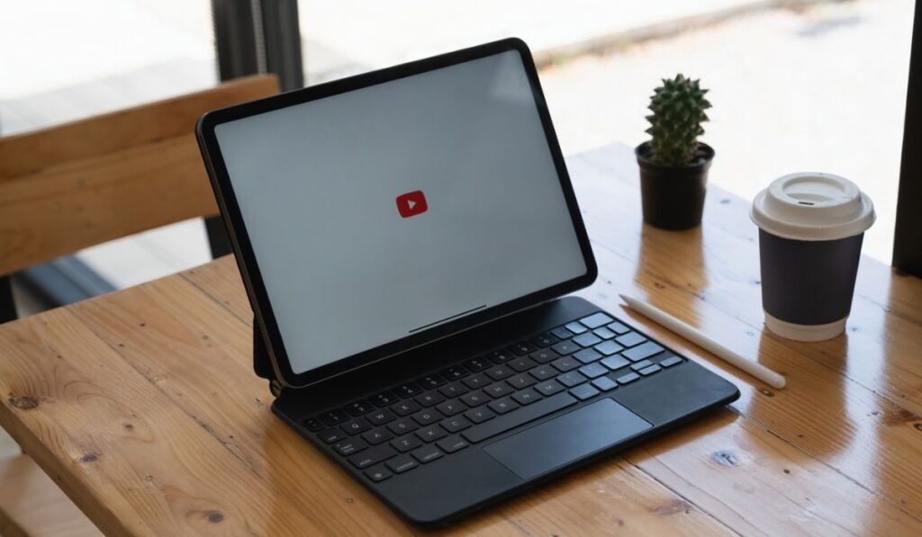 Apple iPad with Youtube logo on the screen on wooden desk