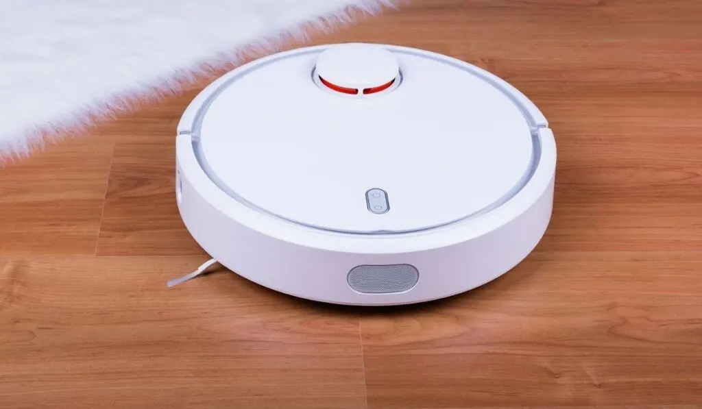 Vacuum cleaner robot on laminate wood floor