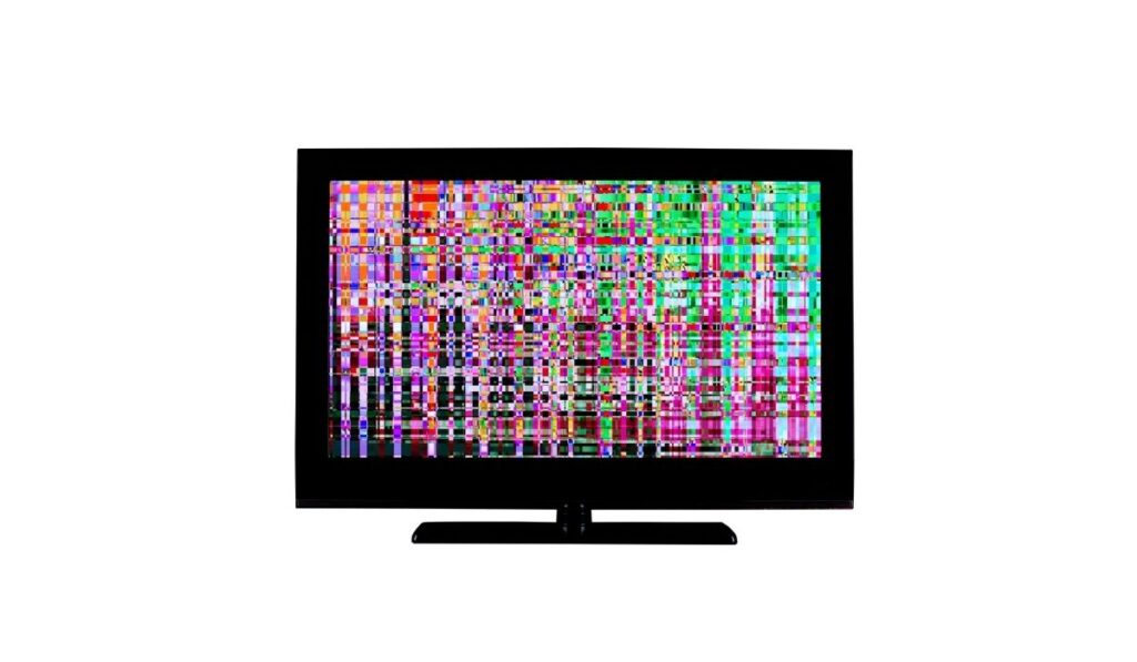 Full hd monitor or TV with digital glitches, distortions on the screen isolated on white 