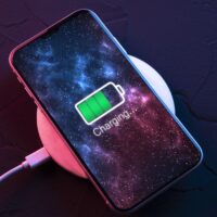 Mobile smart phone on wireless charging device on dark neon red and blue color background