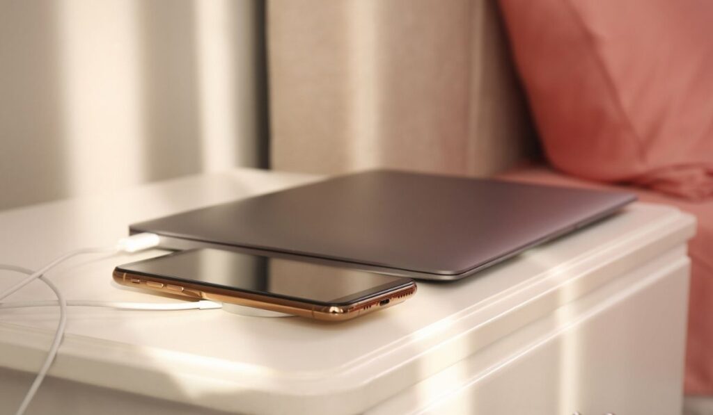 Смартфон с беспроводным зарядным устройством, подключенным к ноутбуку на белом столе в спальне 