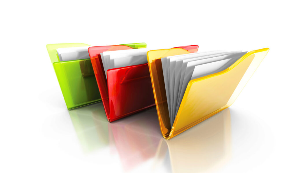 Three Colorful Office Document Folders with Reflection