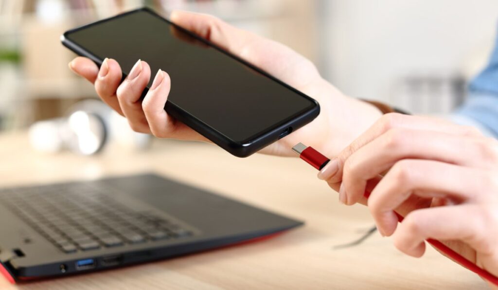 Woman hands plugging battery charger on phone