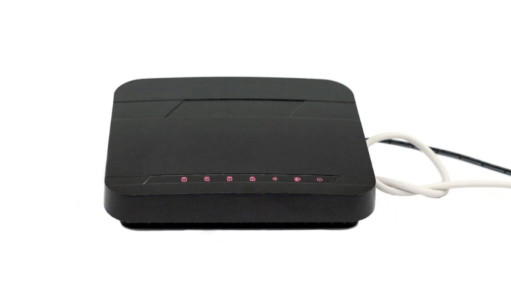 Black wireless internet network wi-fi router isolated on white background