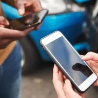 Close Up Of Two Motorists Swapping Insurance Details On Mobile Phone After Car Crash