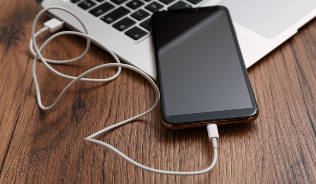 Smartphone connected with charge cable to laptop on wooden table