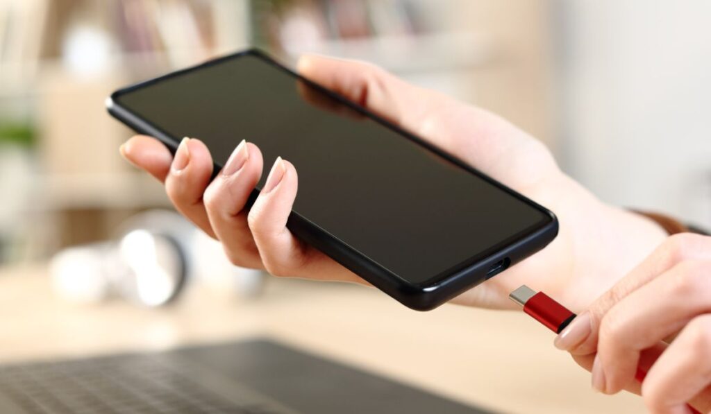 Woman hands plugging battery charger on phone