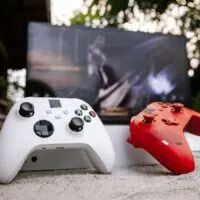 A Photo of Red and White Wireless Game Controllers