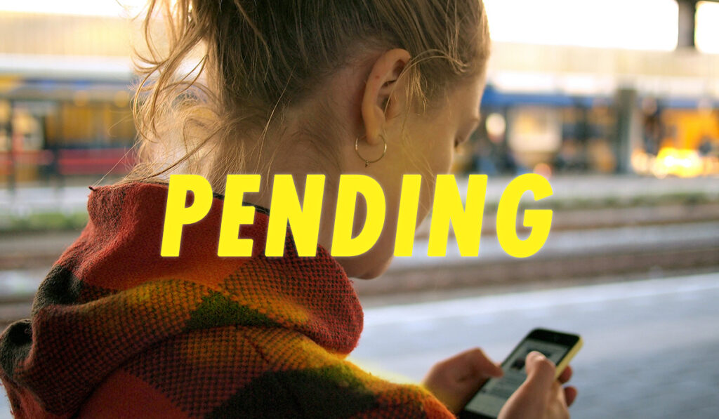 Woman with the word 'pending' over her