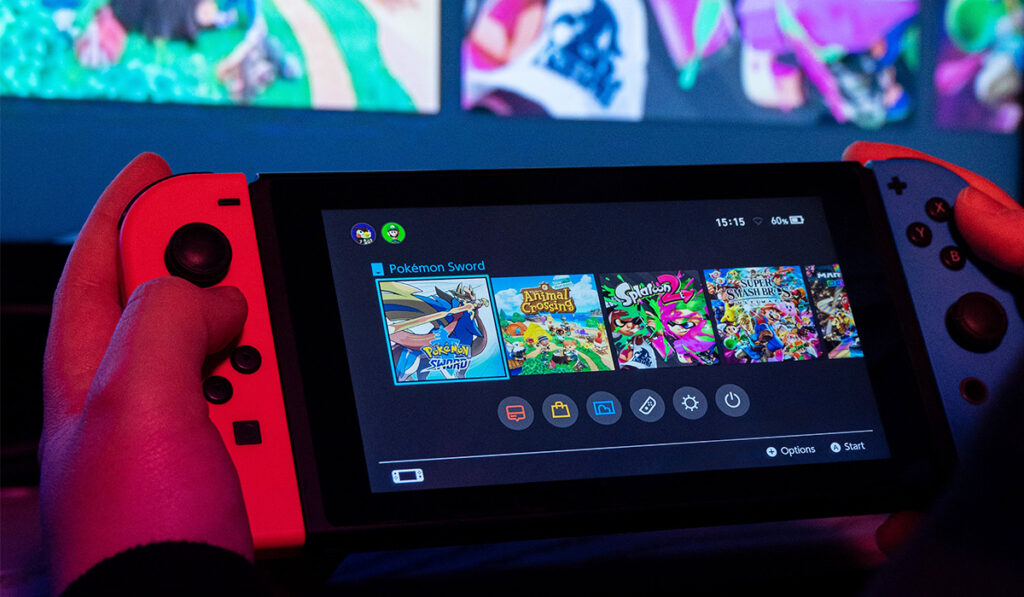 Close up of Switch home screen with games