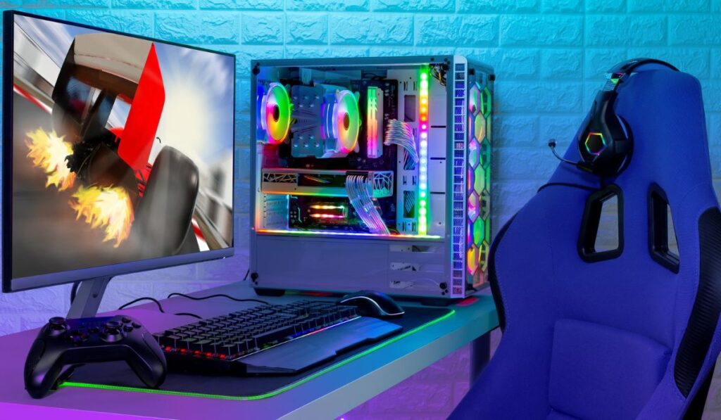 Красочный ярко освещенный игровой компьютер rgb с клавиатурой, мышью, монитором и стулом с гоночным экраном перед светодиодным световым кирпичом
