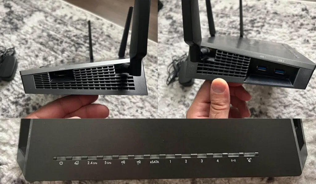 Left and Right side ports of a  Netgear Nighthawk X4 AC2350 along with status lights