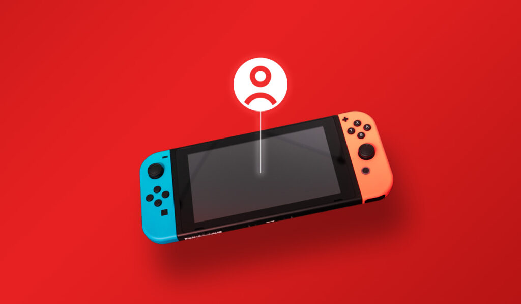 Nintendo Switch with user icon over a red background